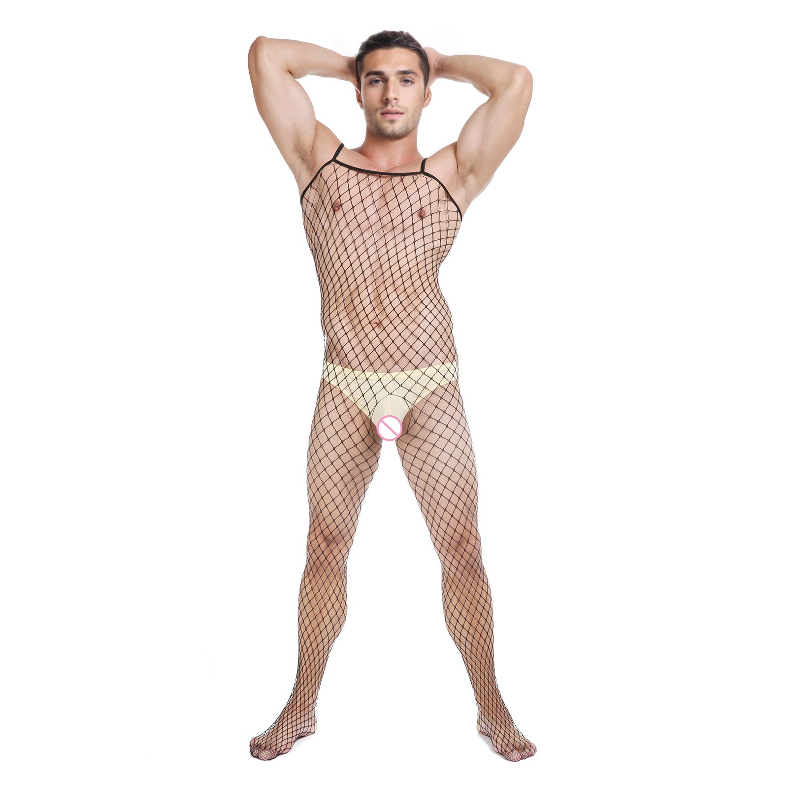 Image of Men’s fishnet one-piece underwear Japanese pseudo-girl sexy cut-out suspender one-piece tight mesh tights tight